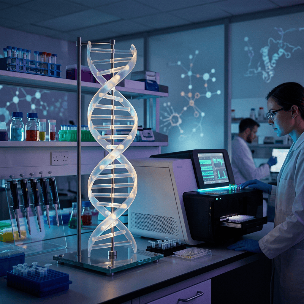 Scientist operating genomic analysis equipment beside an illuminated DNA model