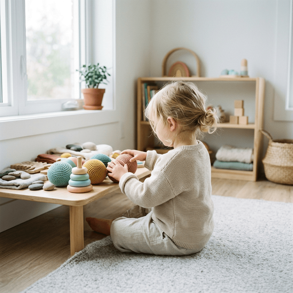 Child sitting at a table and playing with colorful Montessori toys