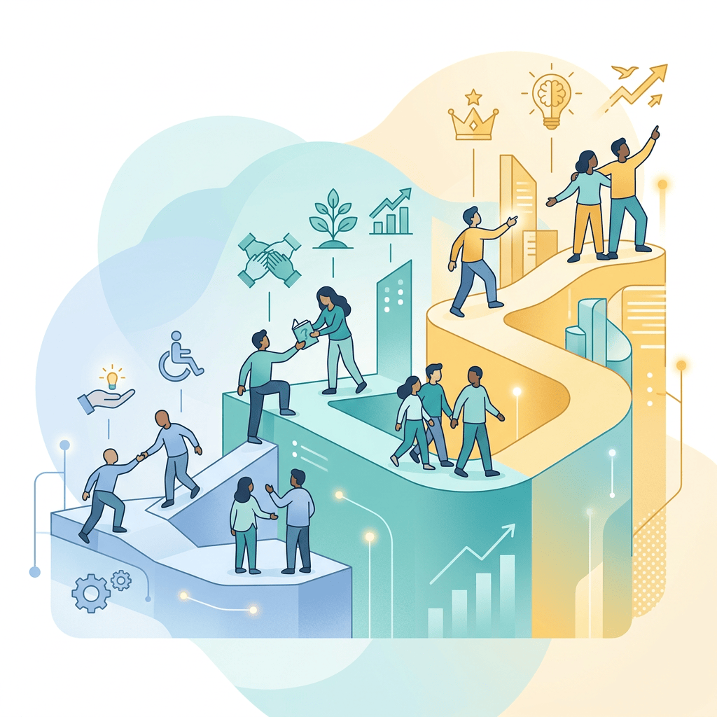 People collaborating along pathways representing innovation, inclusion, and growth