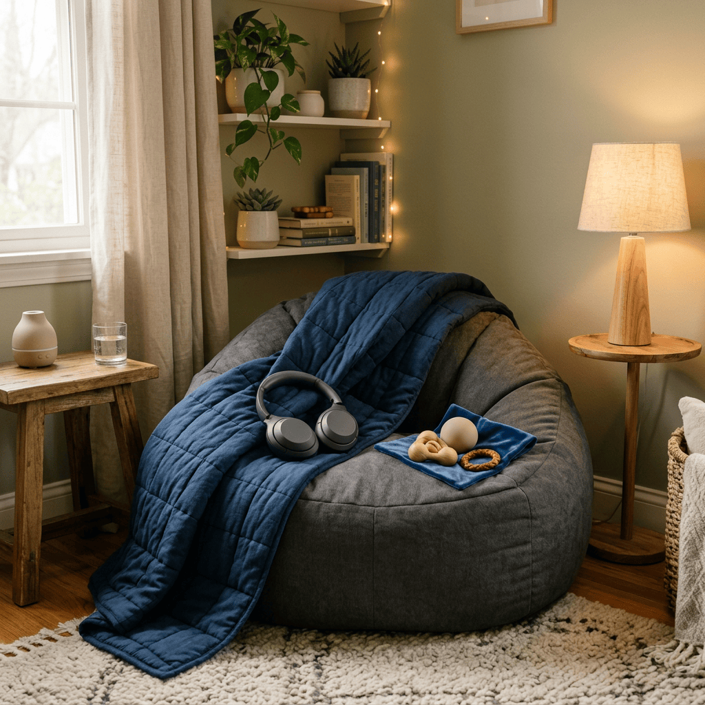 Cozy beanbag chair with blanket, headphones, snacks, plants, and lamp