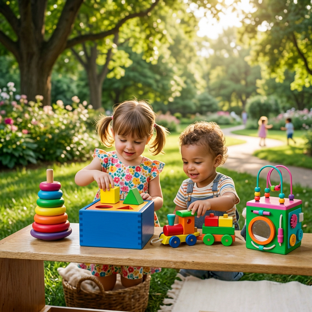 Two children playing in a colorful park