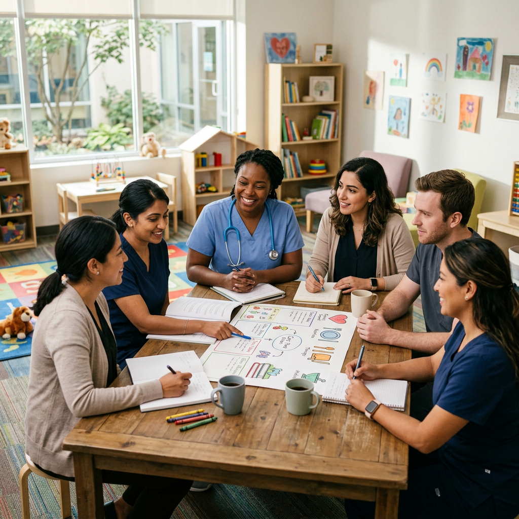Healthcare professionals and caregivers discussing a child-centered care plan at a table