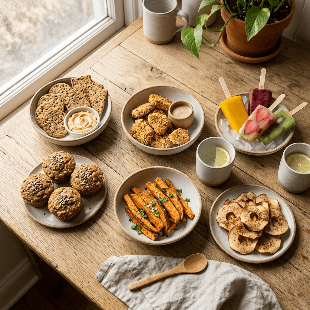 Healthy snacks, fruit popsicles, lemon water, and houseplants on a wooden table